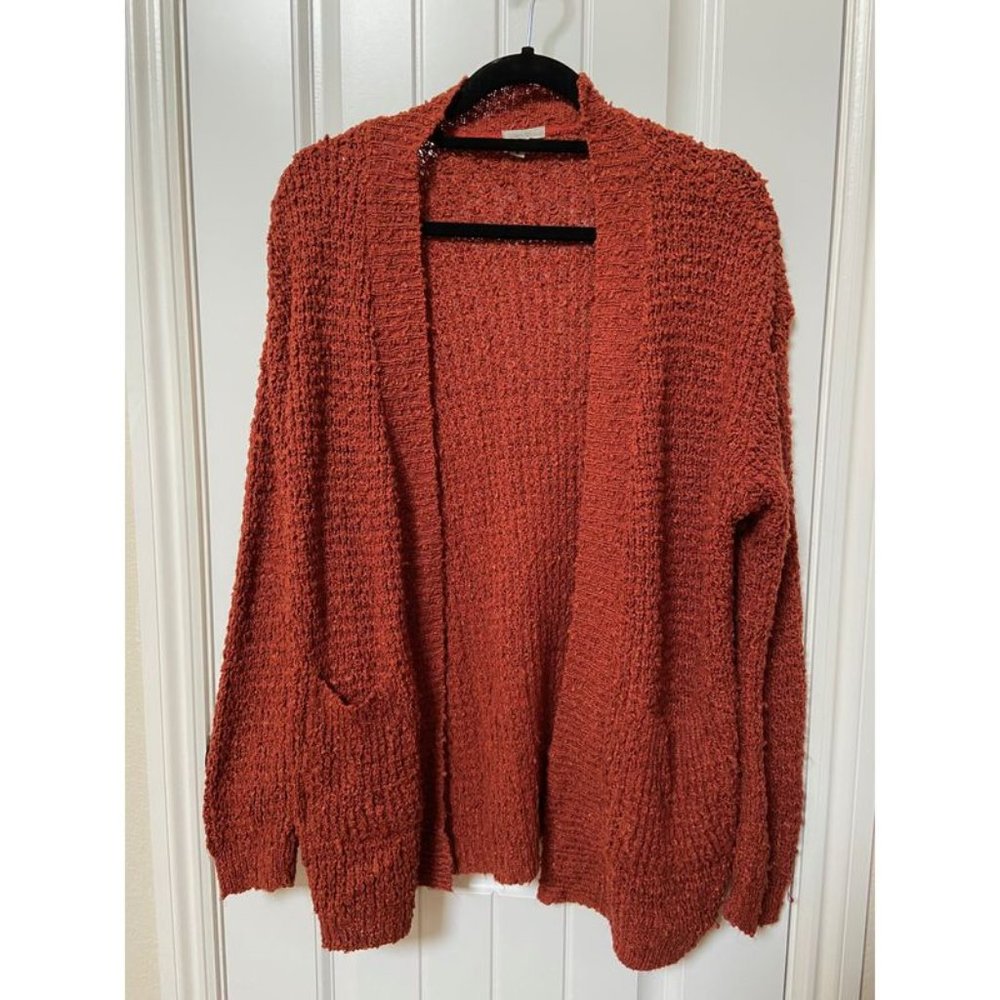 Long Burnt Orange Open-Front Cardigan